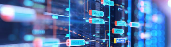 server room 3d illustration with node base programming data design element.